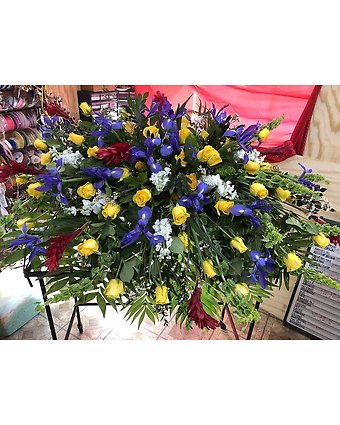 Purple Iris Yellow Roses Casket Spray